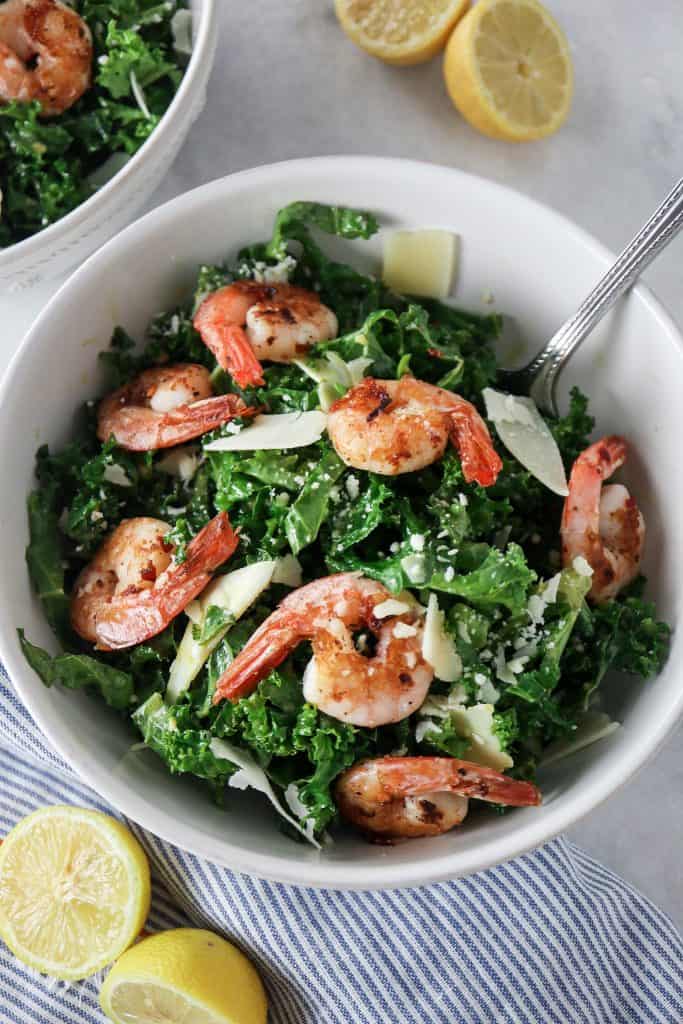 Kale Caesar salad with Spicy Shrimp