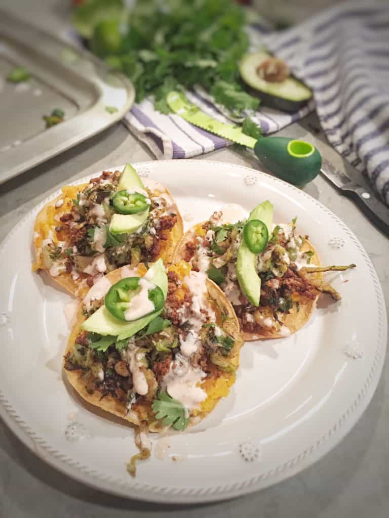 Chicken Chorizo and Crispy Brussels Sprouts Tostadas