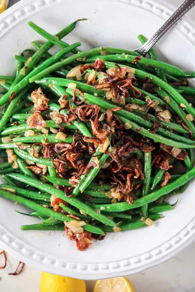 Haricots Verts with Bacon and Fried Shallots