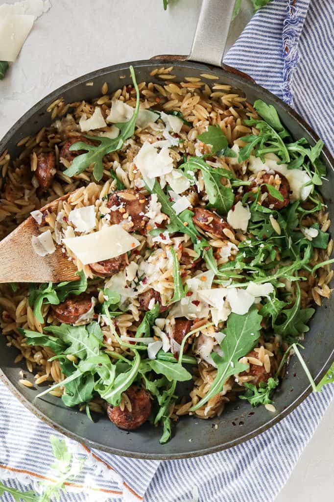 5 Ingredient Chicken Sausage and Orzo Skillet - Tipps in the Kitch -