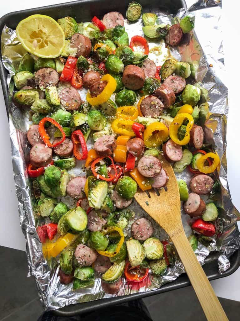 Healthy 30 minute Sheetpan Chicken Sausage and Veggies