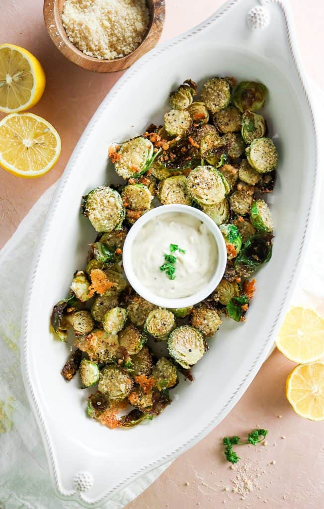 Oven Roasted Crispy Brussels sprouts with Lemon Garlic Aioli