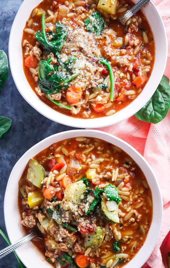 One Pot Spicy Italian Sausage and Orzo Soup 