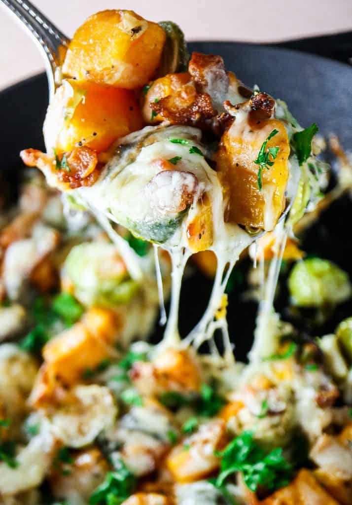 Cheesy Butternut Squash Skillet with Brussels sprouts and Bacon
