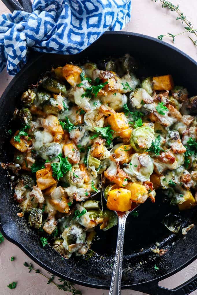 Cheesy Butternut Squash Skillet with Brussels sprouts and Bacon