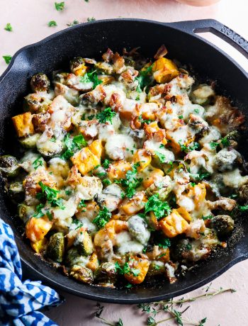 Cheesy Butternut Squash, Bacon, and Brussels sprouts Skillet