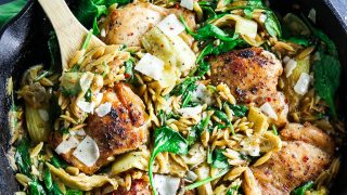 One Skillet Spinach Artichoke Chicken with Orzo - Tipps in the Kitch