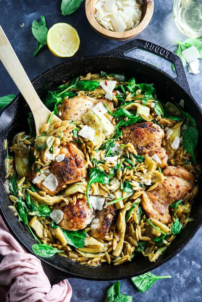 One Skillet Spinach and Artichoke Chicken with Orzo