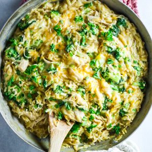 One Skillet dinner recipe, Cheesy Chicken & Broccoli Orzo