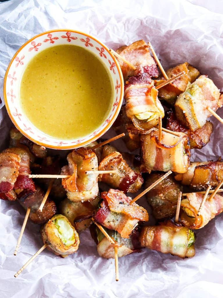 Bacon Wrapped Brussels sprouts with Hot Honey Dijon Sauce
