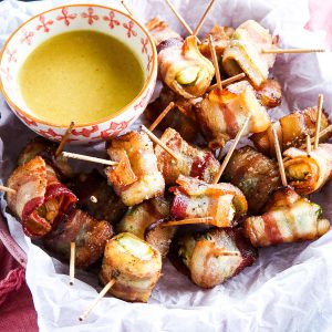 Bacon Wrapped Brussels sprouts with Hot Honey Dijon Sauce