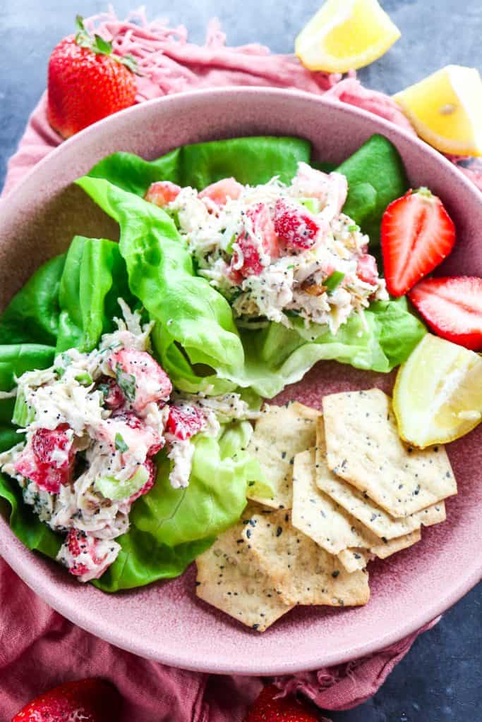 Spring chicken salad recipe with strawberries and poppy seeds 