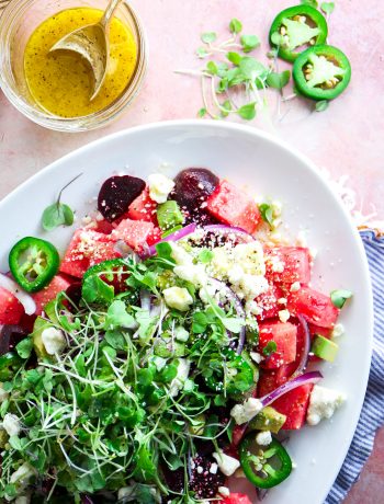 super easy summer salad recipe with watermelon, beets, avocado, and citrus vinaigrette