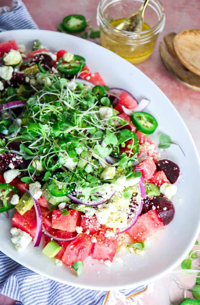 Spicy Watermelon Beet Salad with Avocado and Citrus Vinaigrette