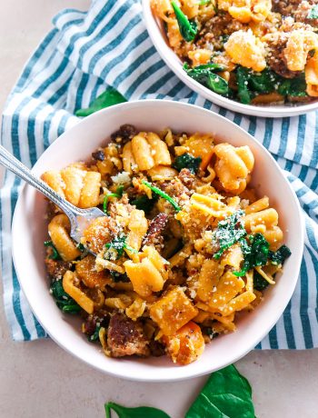 Roasted Butternut Squash Pasta with Italian Sausage and Spinach