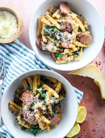 easy kielbasa pasta with rainbow chard and lemon and parmesan
