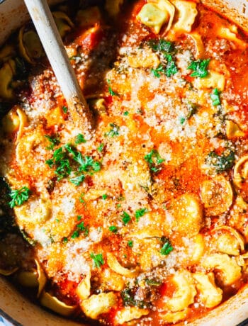 one pot tortellini lasagna soup with marinara, ricotta, parmesan in a large dutch oven