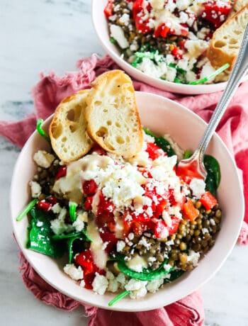 roasted red pepper lentil salad with spinach feta and crostini's