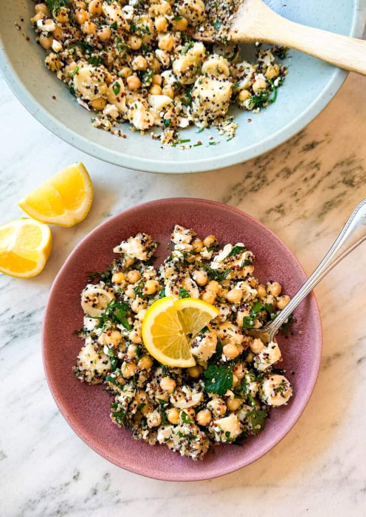 herbed lemon and dill quinoa salad with chickpeas, hearts of palm and lemon