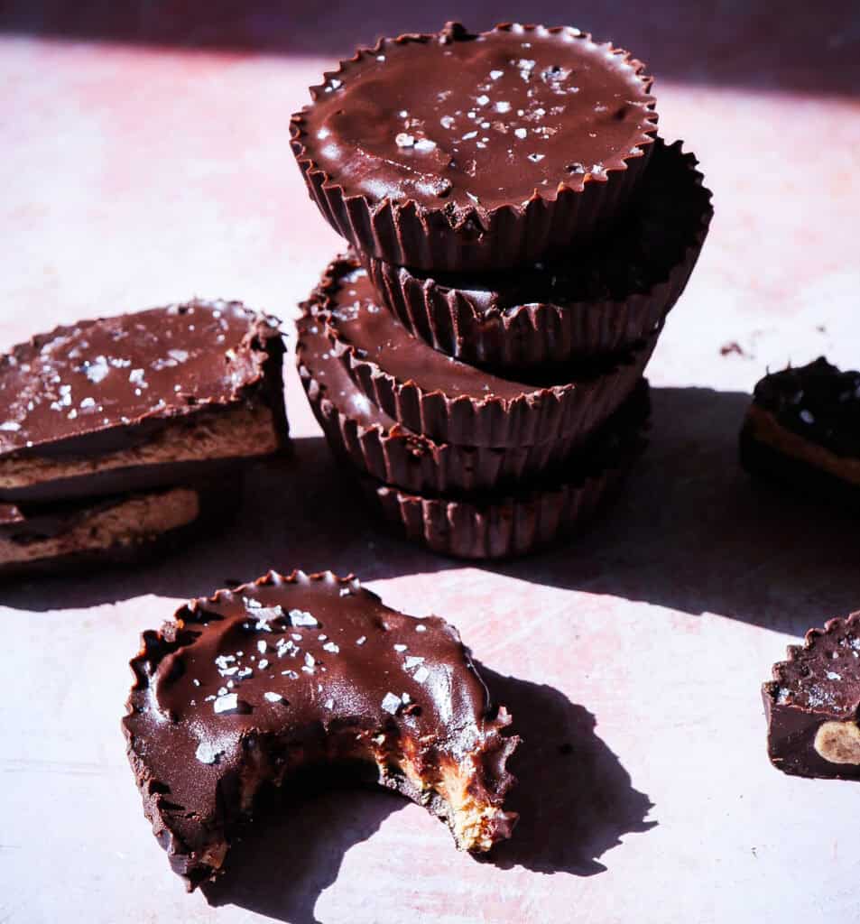 dark chocolate almond butter cups with protein and sea salt