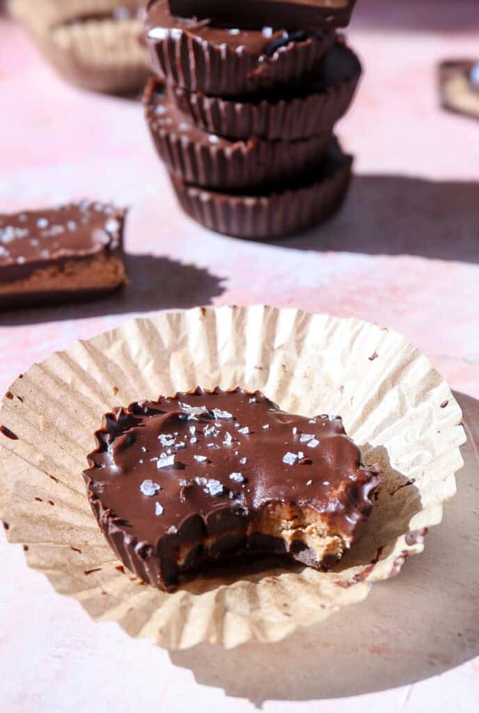 dark chocolate almond butter cups with sea salt and protein